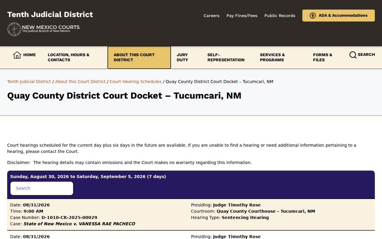 Quay County court dates on the District Court docket schedule